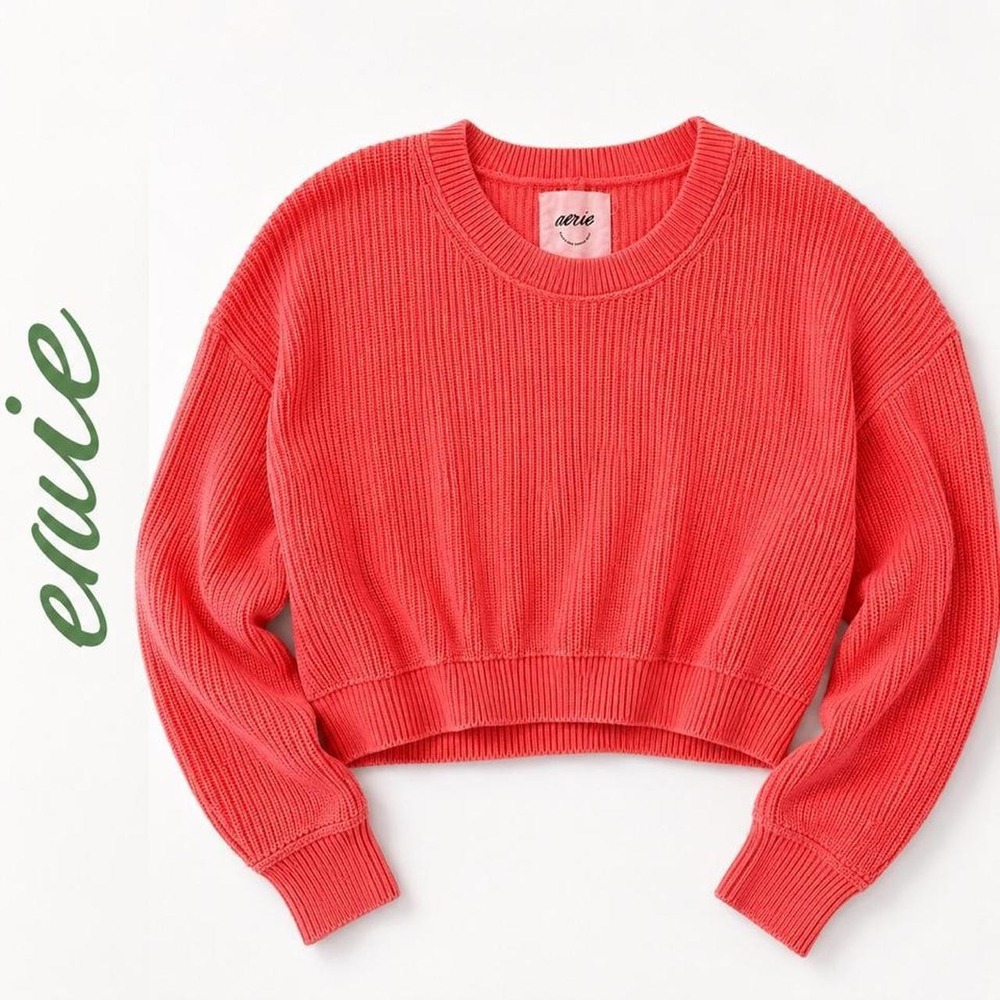 Aerie Coral Oversized Ribbed Cropped Cotton Sweater XS‎ Cozy Crewneck Layering